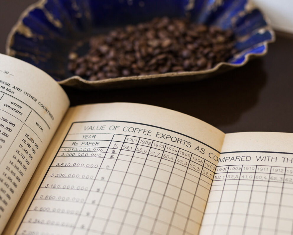 A chart next to coffee sample tray